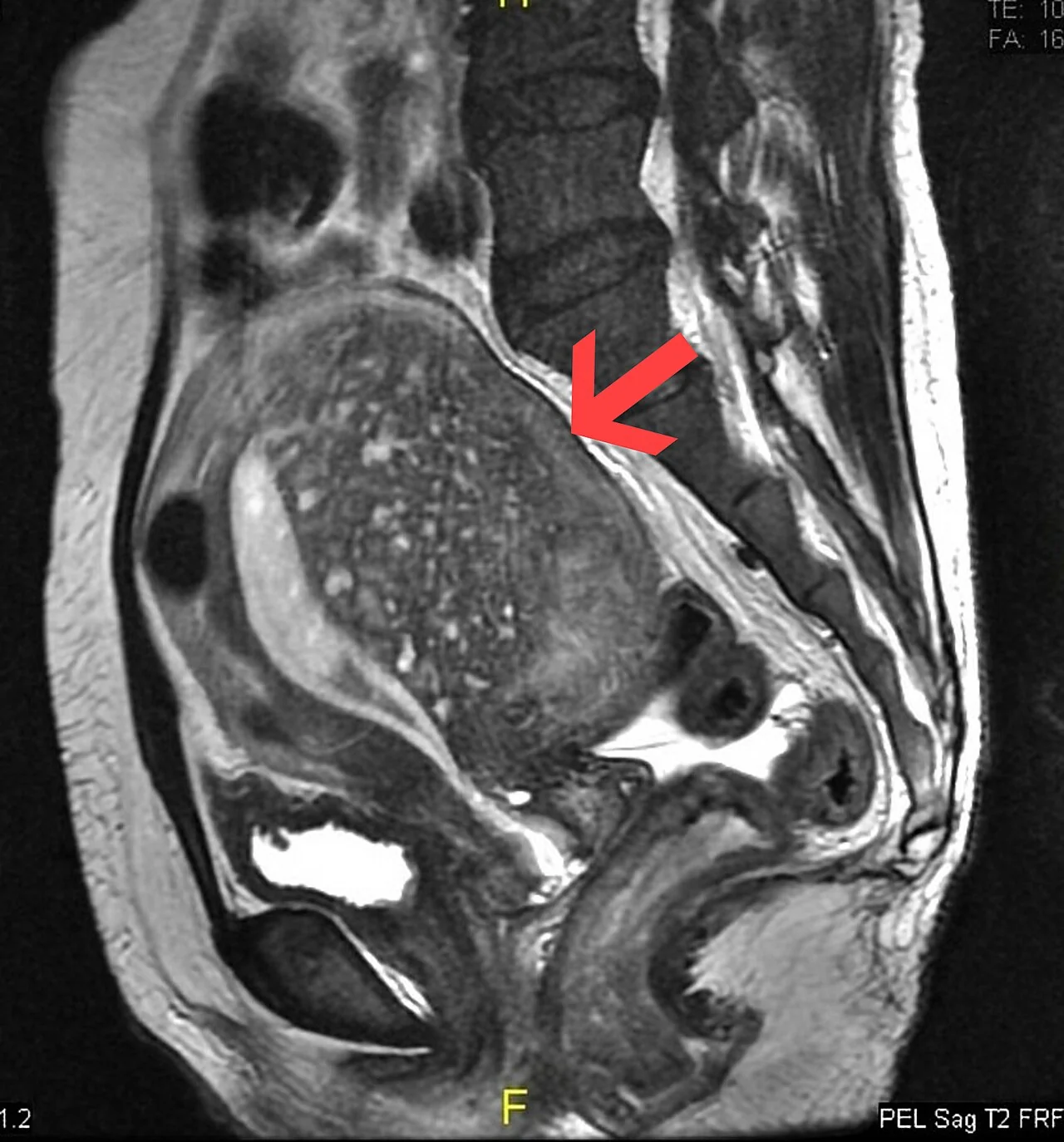 Sagittal T2-weighted MRI of the pelvis showing gross enlargement of the posterior uterine wall with multiple hyperintense foci consistent with adenomyosis.