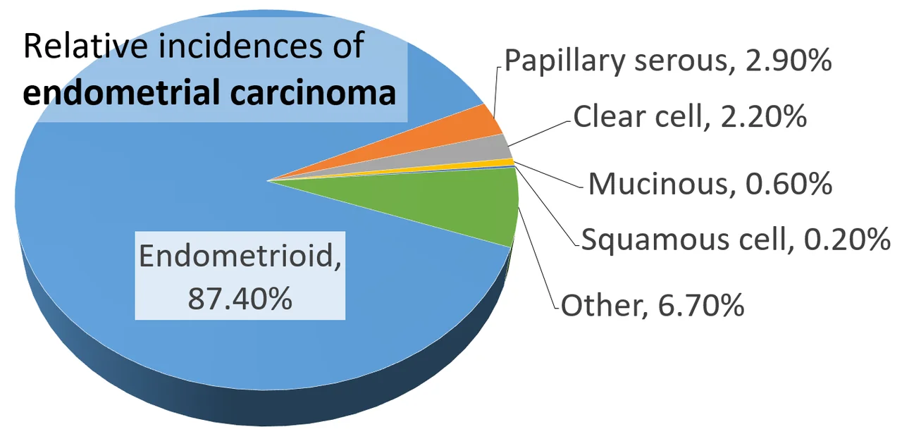 Pie chart showing relative incidences of endometrial carcinoma by histopathological subtype: endometrioid 87.4%, other 6.7%, papillary serous 2.9%, clear cell 2.2%, mucinous 0.6%, squamous cell 0.2%.