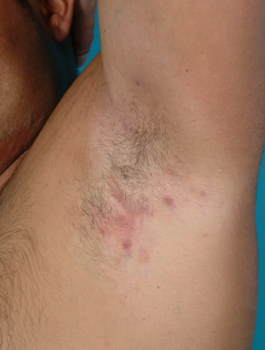 Photograph of the axilla showing Hurley stage II hidradenitis suppurativa, with discrete inflamed nodules and a scarred sinus tract, but no diffuse involvement of the whole area.