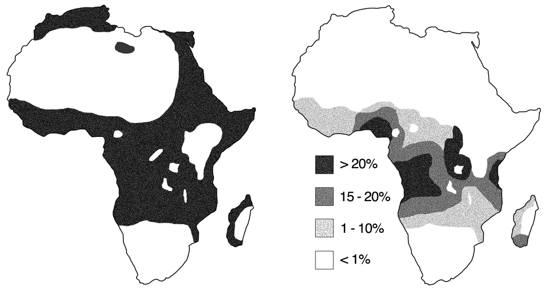 World map comparing the geographic distribution of malaria with the distribution of sickle-cell trait, showing substantial overlap across sub-Saharan Africa and parts of Asia.