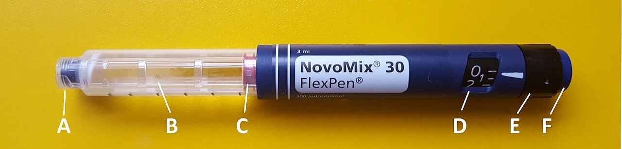 A prefilled insulin pen photographed side-on against a yellow background, with letters A to F labelling the needle tip, the medication cartridge, the plunger, the dose window, the dose selection dial and the plunger button.